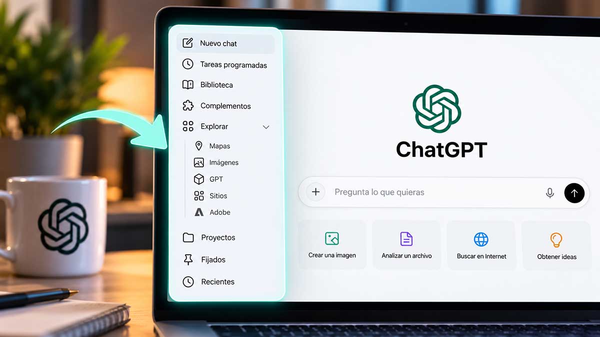 Escritorio de ChatGPT- barra lateral y todas sus opciones
